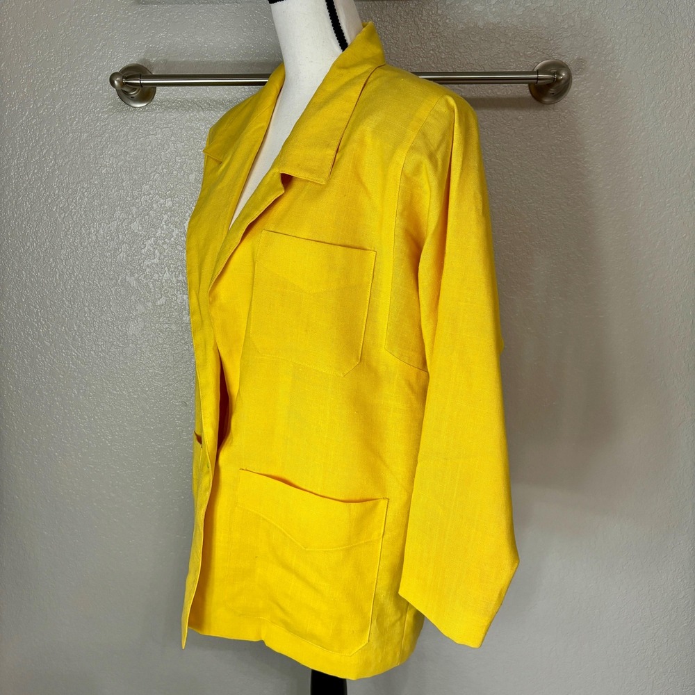 Cute 80s Raincoat Yellow Long Oversized Linen Woven Pattern Coat Modern Large L - Picture 7 of 10